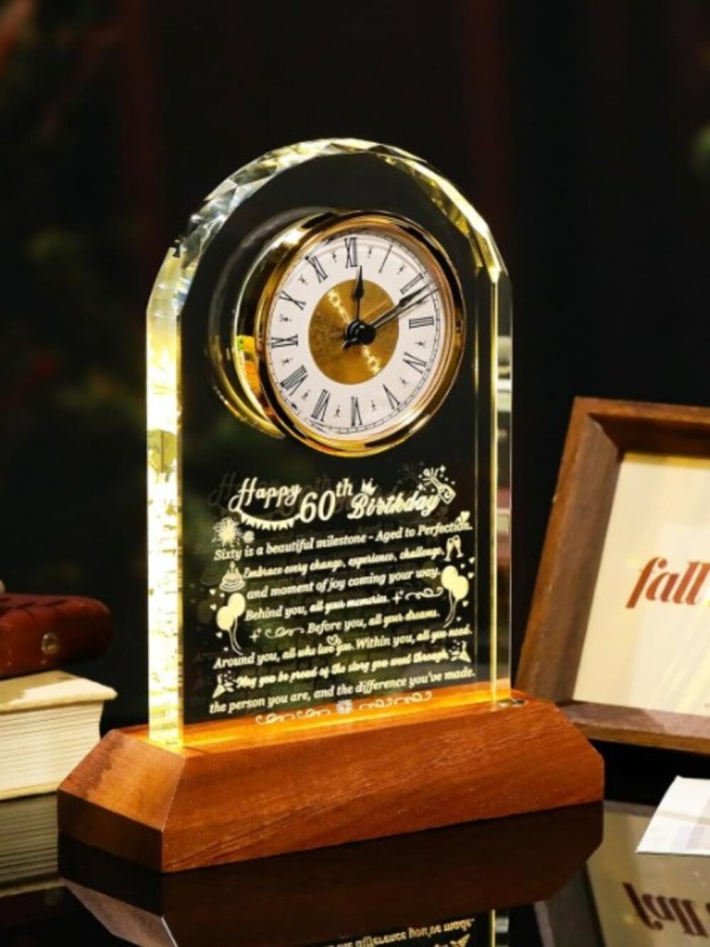 Happy 60th Birthday Glass Clock Gifts for Women, Men - 60 Year Lite Base NEW